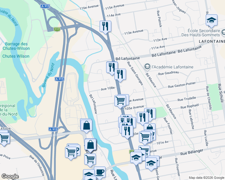 map of restaurants, bars, coffee shops, grocery stores, and more near 88 108e Avenue in Saint-Jérôme
