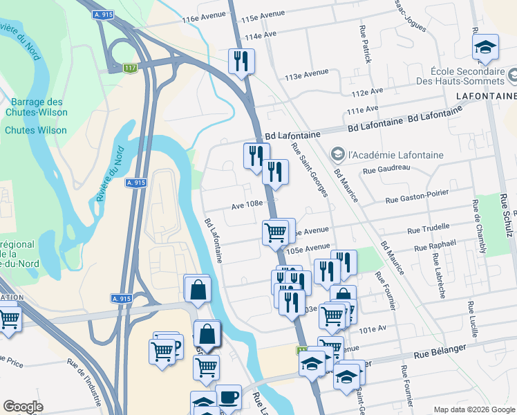 map of restaurants, bars, coffee shops, grocery stores, and more near 88 108e Avenue in Saint-Jérôme