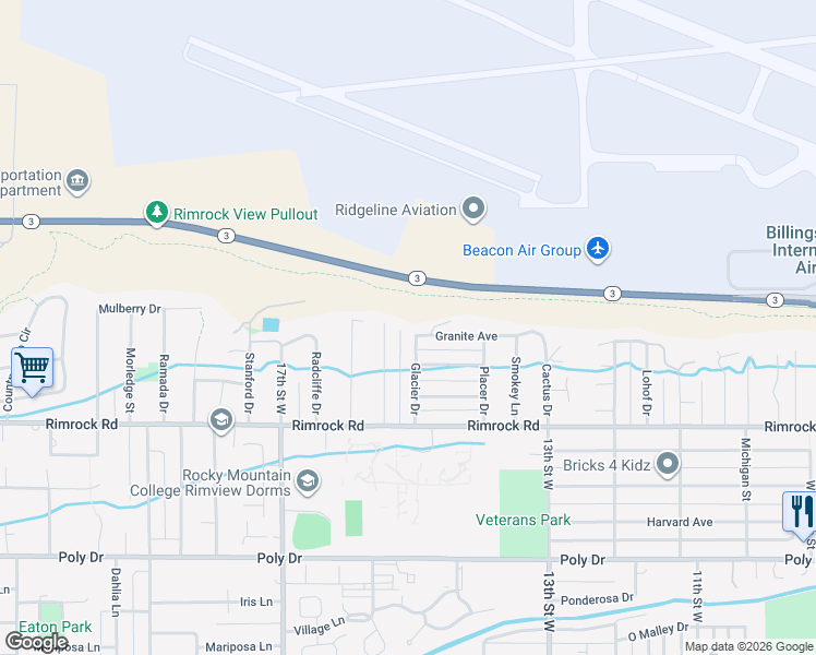 map of restaurants, bars, coffee shops, grocery stores, and more near 1448 Granite Avenue in Billings
