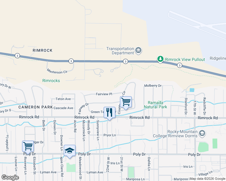 map of restaurants, bars, coffee shops, grocery stores, and more near 2145 Fairview Place in Billings