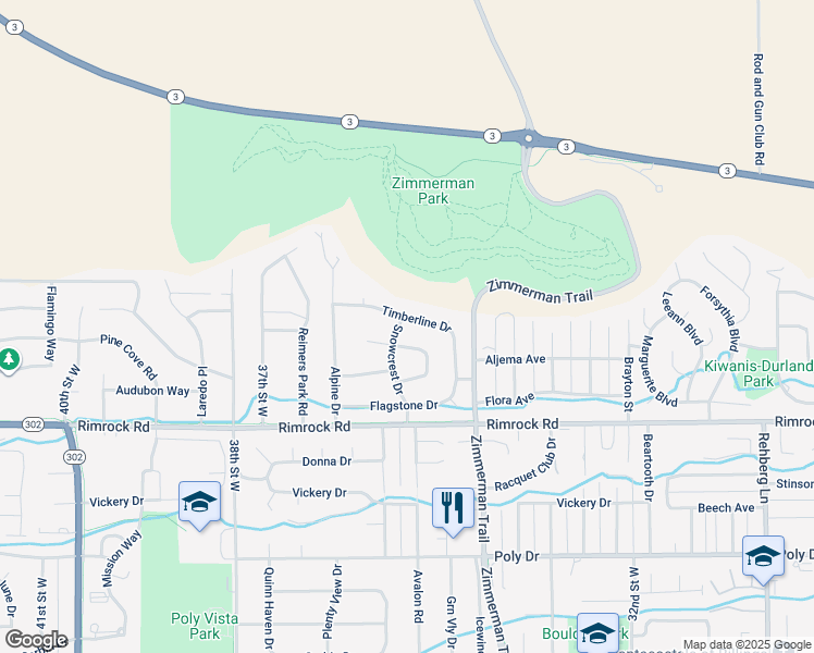 map of restaurants, bars, coffee shops, grocery stores, and more near 3519 Powderhorn Circle in Billings