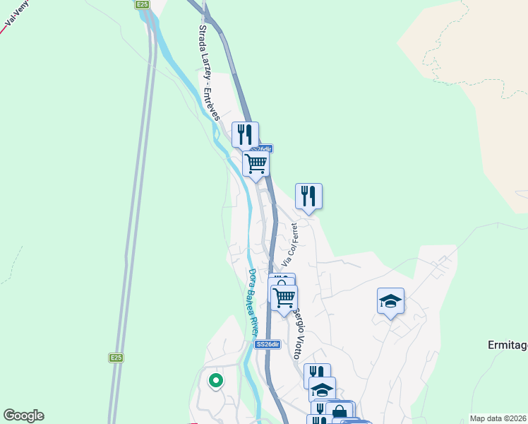 map of restaurants, bars, coffee shops, grocery stores, and more near 2 Strada Larzey - Entrèves in Courmayeur