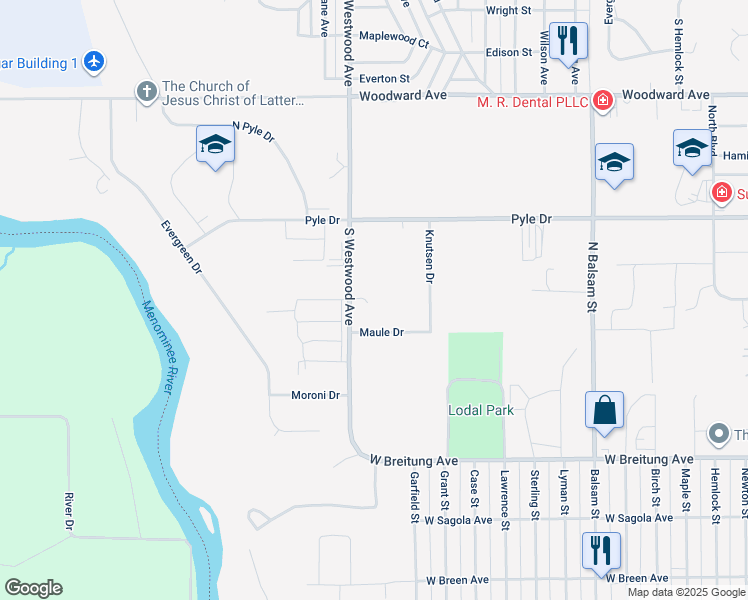map of restaurants, bars, coffee shops, grocery stores, and more near 677 South Westwood Avenue in Kingsford
