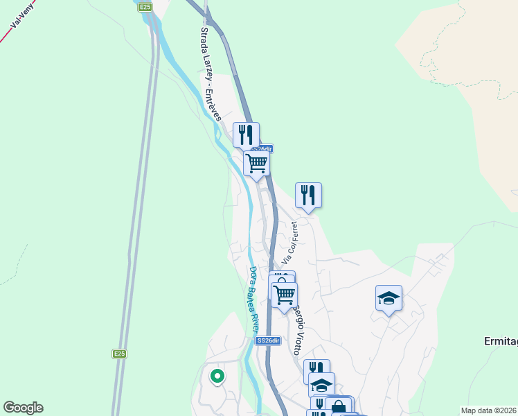 map of restaurants, bars, coffee shops, grocery stores, and more near 2 Strada Larzey - Entrèves in Courmayeur