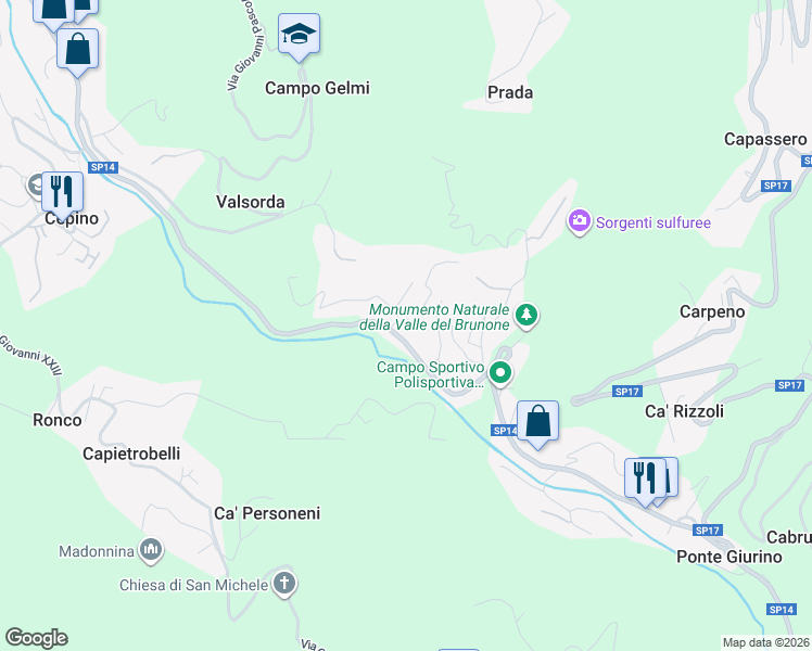 map of restaurants, bars, coffee shops, grocery stores, and more near 14 Via Valsorda in Ponte Giurino