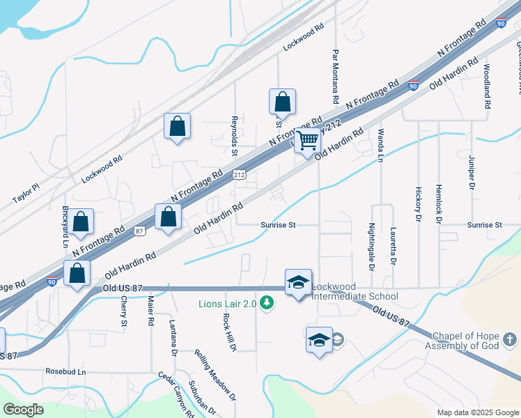 map of restaurants, bars, coffee shops, grocery stores, and more near 1844 Old Hardin Road in Billings