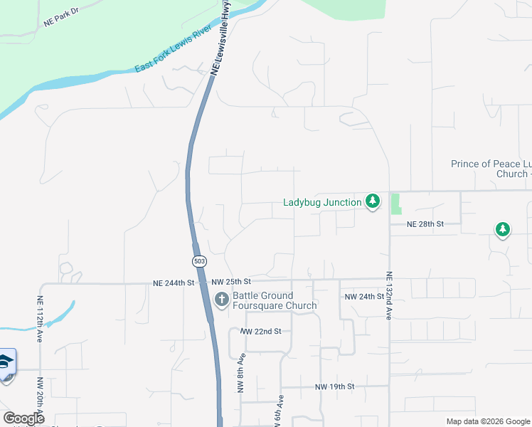 map of restaurants, bars, coffee shops, grocery stores, and more near 518 Northwest 25th Street in Battle Ground