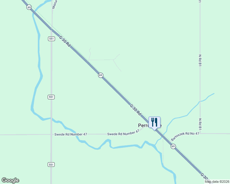 map of restaurants, bars, coffee shops, grocery stores, and more near 671 G 30 Road in Perronville