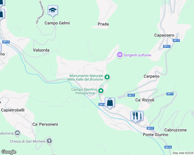map of restaurants, bars, coffee shops, grocery stores, and more near 14 Via Valsorda in Ponte Giurino