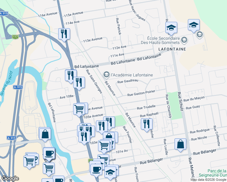 map of restaurants, bars, coffee shops, grocery stores, and more near 2123 Boulevard Maurice in Saint-Jérôme