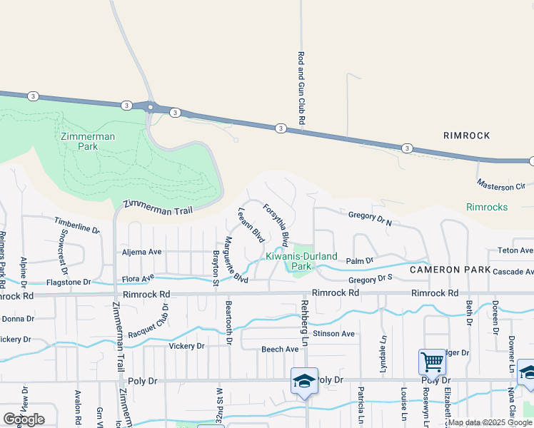 map of restaurants, bars, coffee shops, grocery stores, and more near 3122 Forsythia Boulevard in Billings