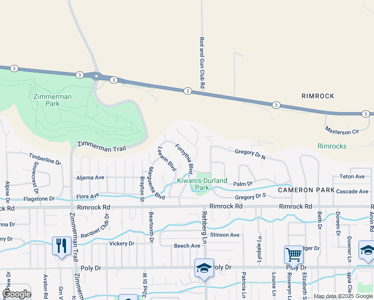 map of restaurants, bars, coffee shops, grocery stores, and more near 3122-3126 Forsythia Boulevard in Billings