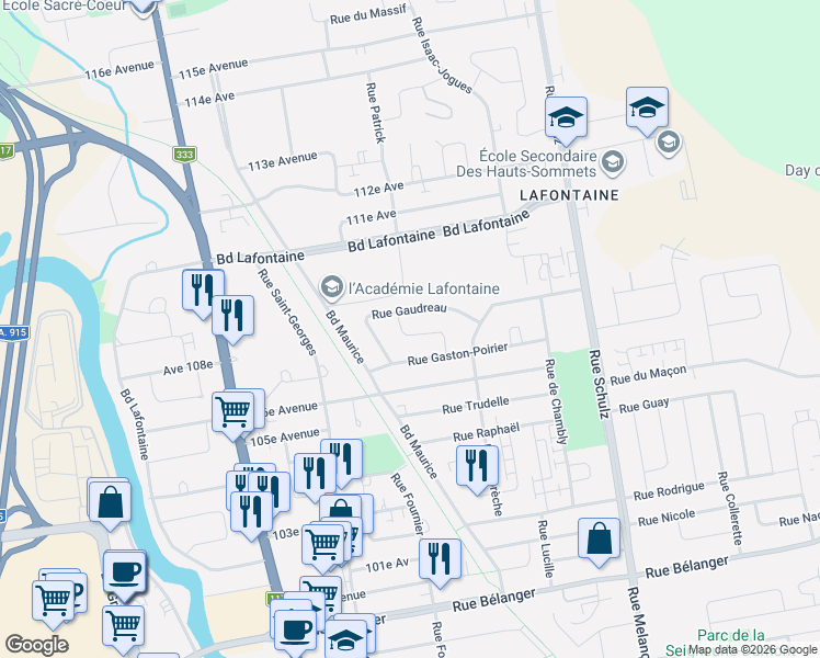 map of restaurants, bars, coffee shops, grocery stores, and more near 118 Rue Lorenzo Bourcier in Saint-Jérôme