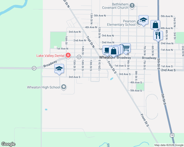 map of restaurants, bars, coffee shops, grocery stores, and more near 301 13th Street South in Wheaton