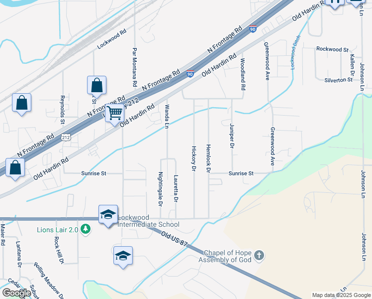 map of restaurants, bars, coffee shops, grocery stores, and more near 2020 Hickory Drive in Billings