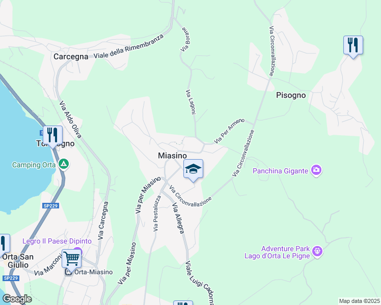 map of restaurants, bars, coffee shops, grocery stores, and more near 24A Via Umberto I in Miasino
