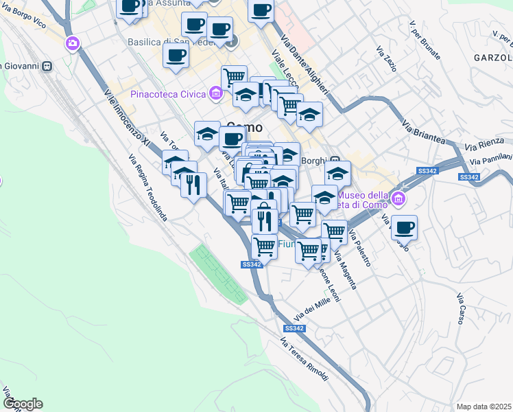 map of restaurants, bars, coffee shops, grocery stores, and more near 17 Via Roosevelt in Como