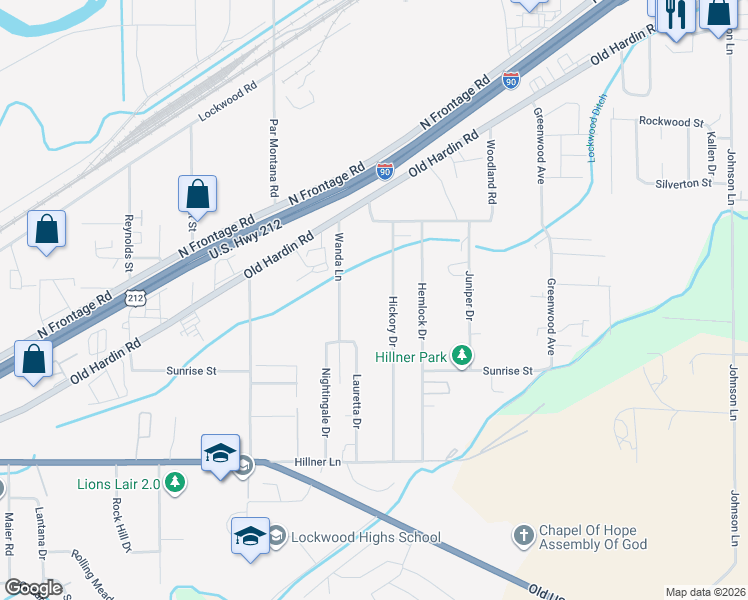 map of restaurants, bars, coffee shops, grocery stores, and more near 2020 Hickory Drive in Billings