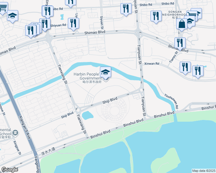 map of restaurants, bars, coffee shops, grocery stores, and more near in Harbin