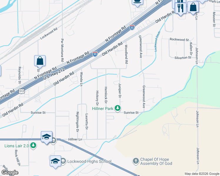 map of restaurants, bars, coffee shops, grocery stores, and more near 322 Juniper Drive in Billings
