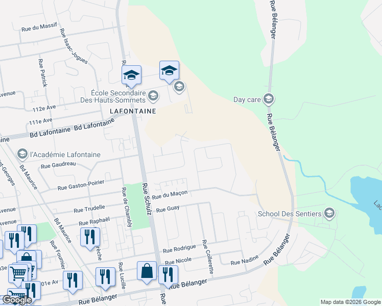 map of restaurants, bars, coffee shops, grocery stores, and more near 2116 Rue de la Fileuse in Saint-Jérôme