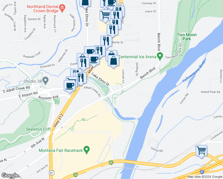 map of restaurants, bars, coffee shops, grocery stores, and more near 2 Bench Boulevard in Billings