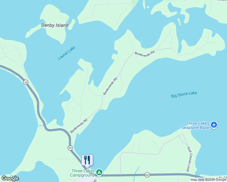 map of restaurants, bars, coffee shops, grocery stores, and more near 7086 Bonkowski Road in Three Lakes