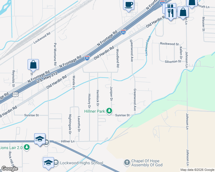 map of restaurants, bars, coffee shops, grocery stores, and more near 322 Juniper Drive in Billings