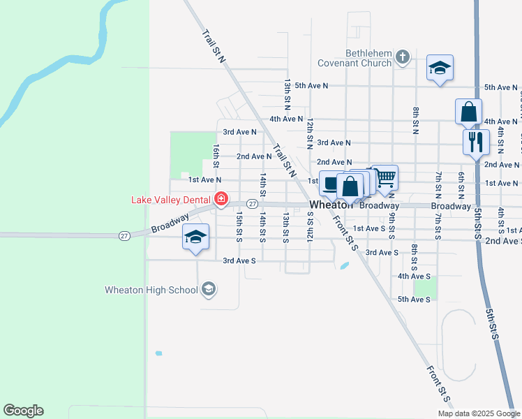 map of restaurants, bars, coffee shops, grocery stores, and more near 1403 Broadway in Wheaton