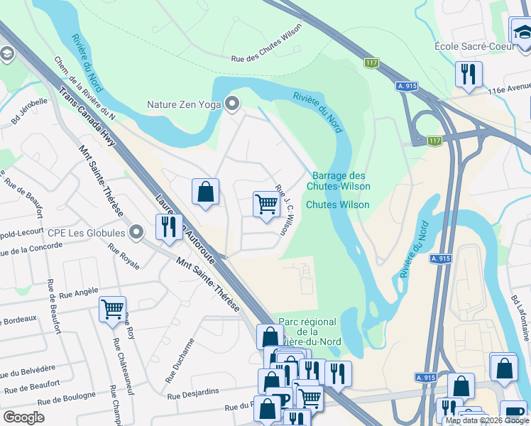 map of restaurants, bars, coffee shops, grocery stores, and more near 15 Rue Delisle in Saint-Jérôme