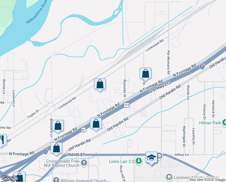 map of restaurants, bars, coffee shops, grocery stores, and more near 404 Reynolds Street in Billings