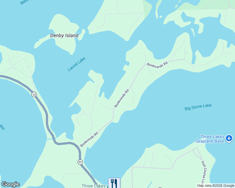 map of restaurants, bars, coffee shops, grocery stores, and more near 7086 Bonkowski Road in Three Lakes