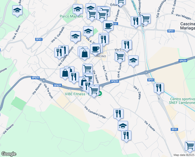 map of restaurants, bars, coffee shops, grocery stores, and more near 22 Via Trieste in Erba