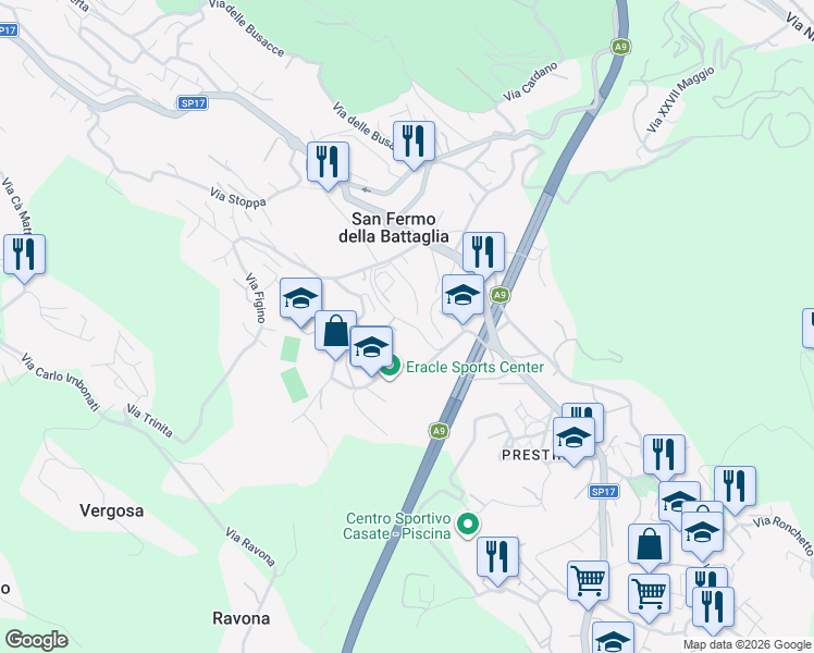 map of restaurants, bars, coffee shops, grocery stores, and more near 21 Via Rigamonti in San Fermo della Battaglia