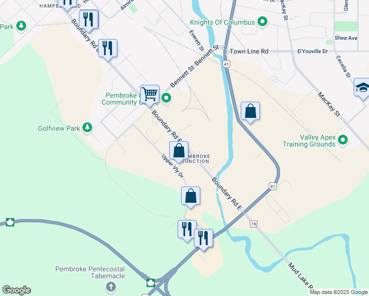map of restaurants, bars, coffee shops, grocery stores, and more near 308 Boundary Road East in Pembroke