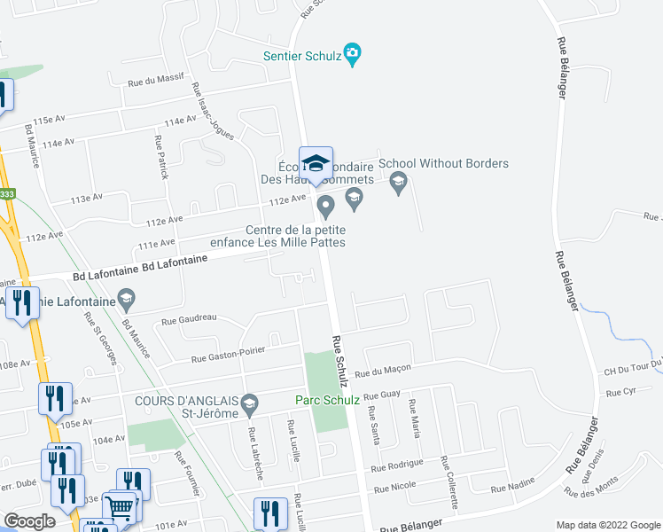 map of restaurants, bars, coffee shops, grocery stores, and more near 2209 Rue Schulz in Saint-Jérôme