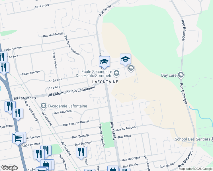 map of restaurants, bars, coffee shops, grocery stores, and more near Rue Schulz in Saint-Jérôme