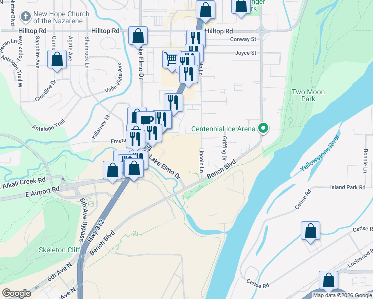 map of restaurants, bars, coffee shops, grocery stores, and more near 403 Main Street in Billings