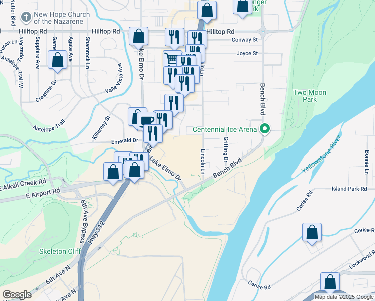 map of restaurants, bars, coffee shops, grocery stores, and more near 403 Main Street in Billings