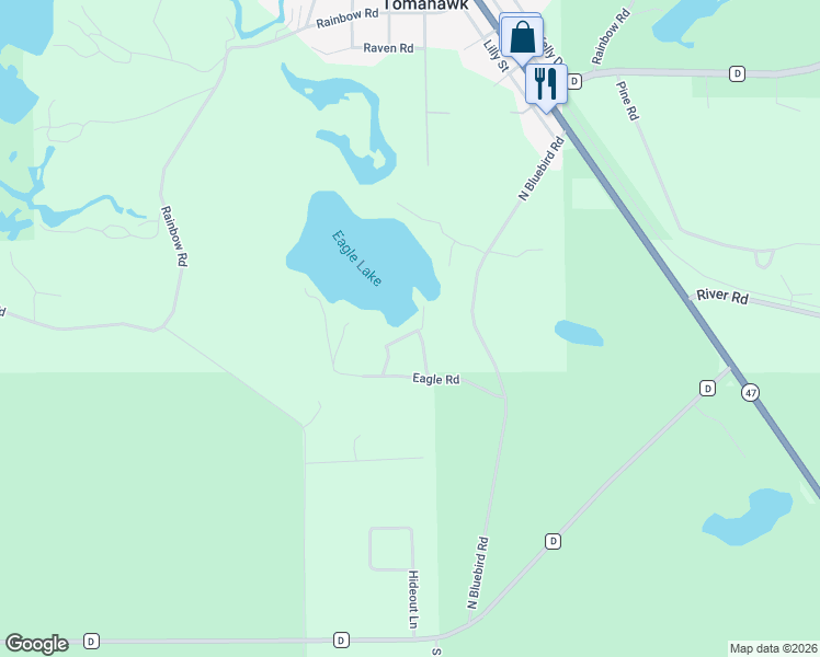 map of restaurants, bars, coffee shops, grocery stores, and more near 7974 Eagle Road in Lake Tomahawk