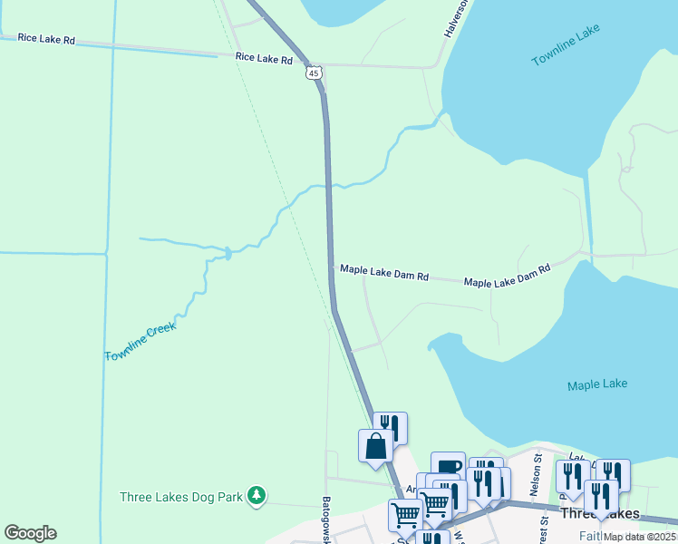 map of restaurants, bars, coffee shops, grocery stores, and more near 1895 Maple Lake Dam Road in Three Lakes