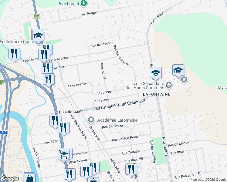 map of restaurants, bars, coffee shops, grocery stores, and more near 112 Avenue in Saint-Jérôme