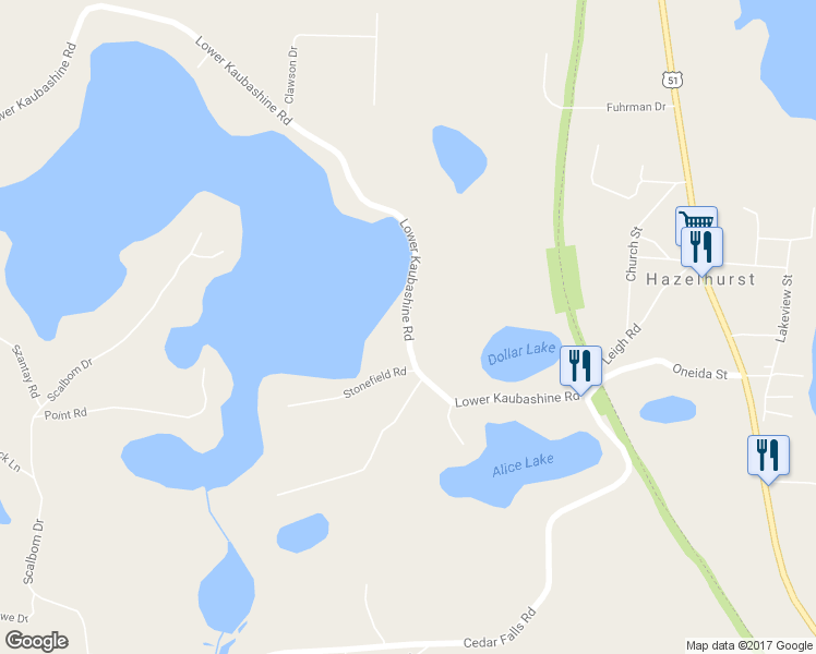 map of restaurants, bars, coffee shops, grocery stores, and more near Lower Kaubashine Road in Hazelhurst