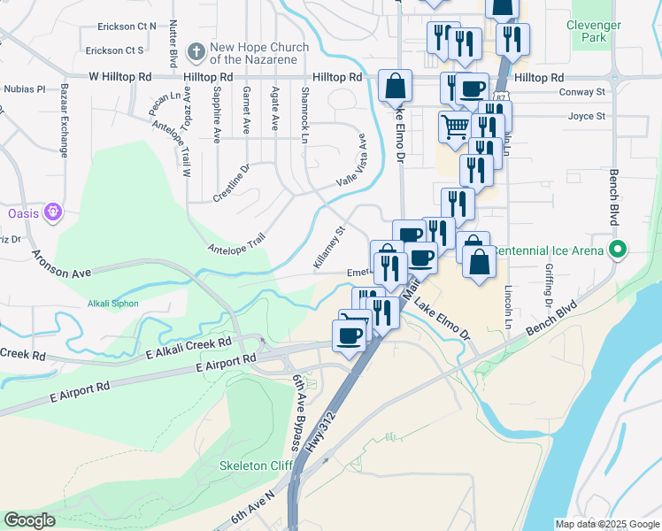 map of restaurants, bars, coffee shops, grocery stores, and more near 235 Emerald Drive in Billings