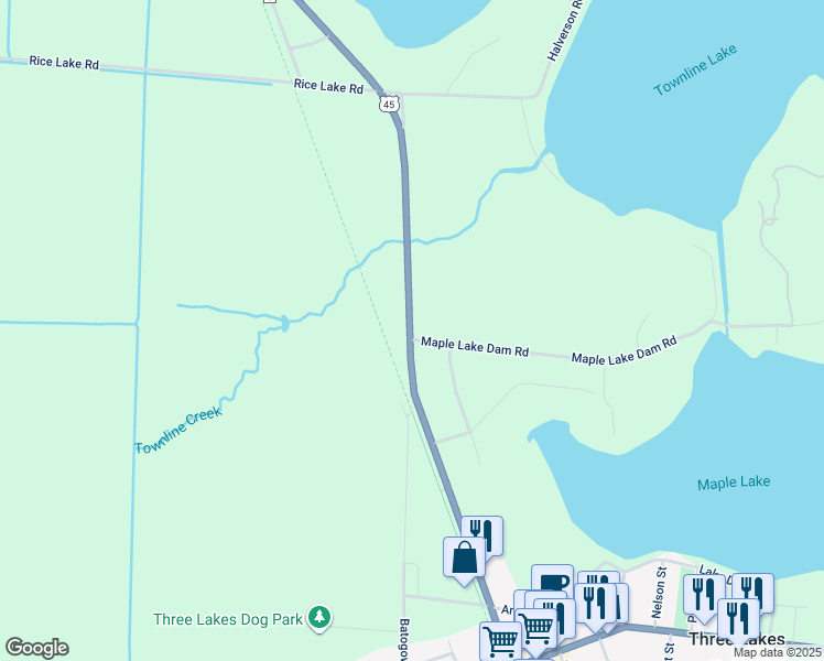 map of restaurants, bars, coffee shops, grocery stores, and more near 1895 Maple Lake Dam Road in Three Lakes