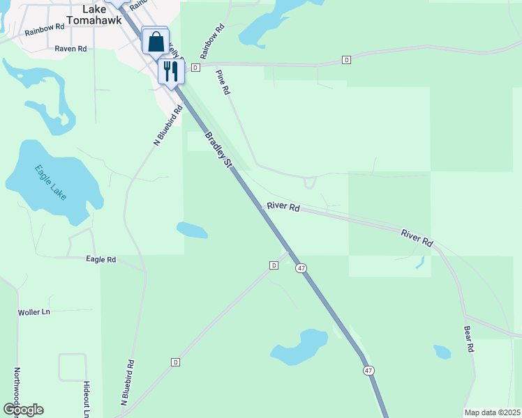map of restaurants, bars, coffee shops, grocery stores, and more near 7101 Bradley Street in Lake Tomahawk