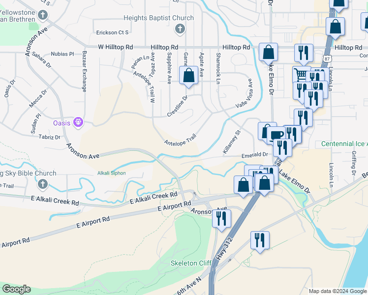 map of restaurants, bars, coffee shops, grocery stores, and more near 82 Antelope Trail in Billings