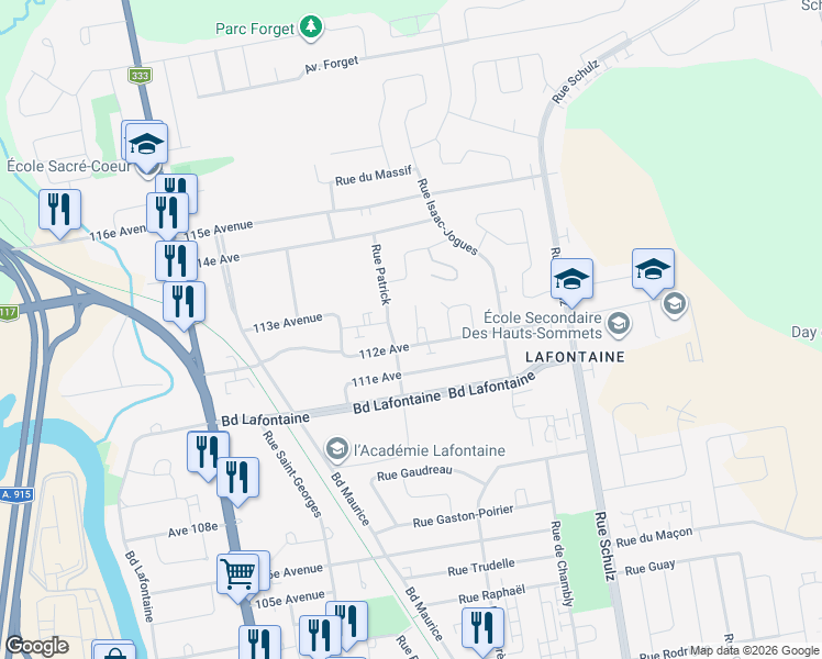 map of restaurants, bars, coffee shops, grocery stores, and more near 115 Rue Lyne in Saint-Jérôme