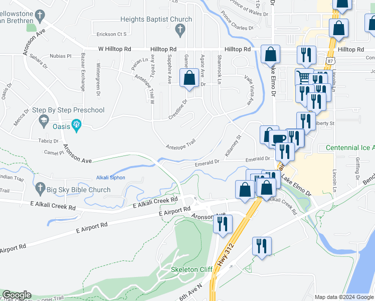 map of restaurants, bars, coffee shops, grocery stores, and more near 92 Antelope Trail in Billings