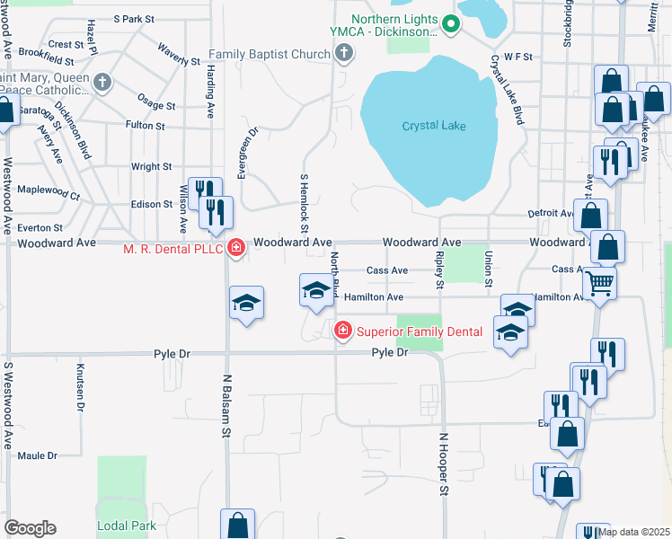 map of restaurants, bars, coffee shops, grocery stores, and more near 898 Cass Avenue in Kingsford